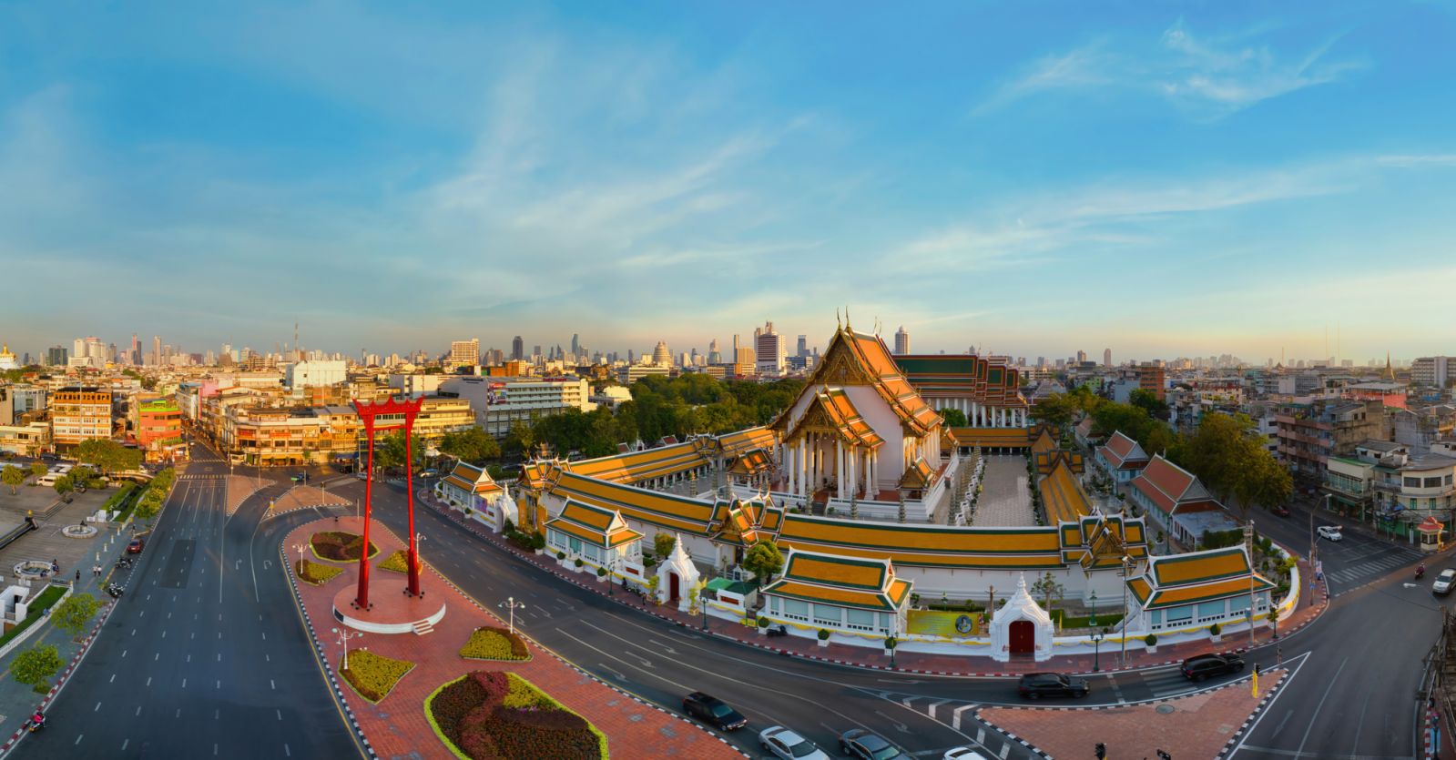 Panorama Aerial view of of Wat Suthat Landmark Temple in Bangkok